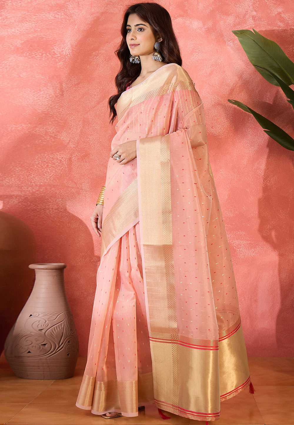 Pink Khadi Saree With Blouse 309135