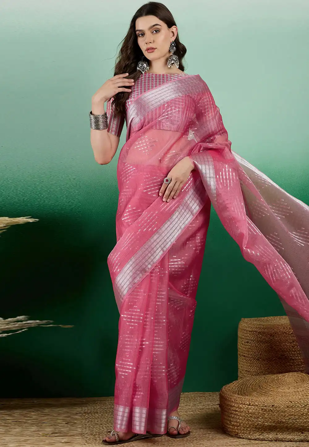 Pink Khadi Saree With Blouse 290232