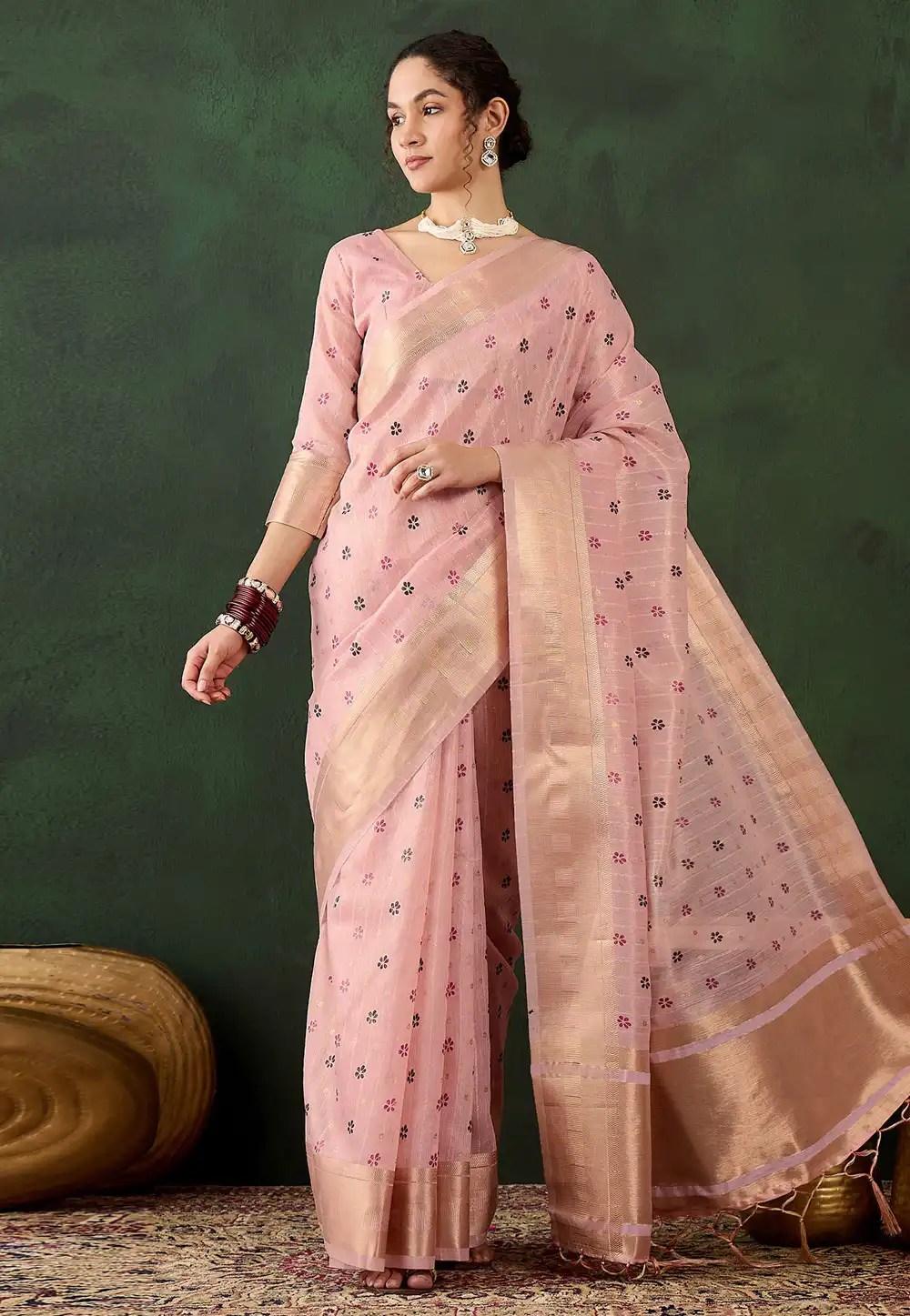 Pink Khadi Saree With Blouse 294342