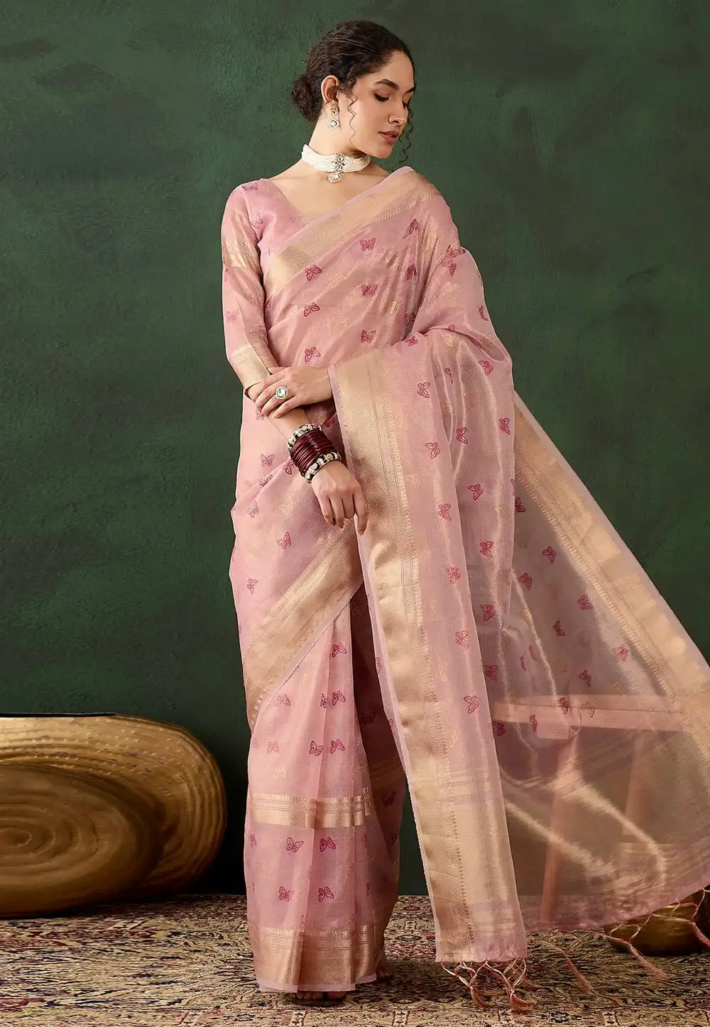 Pink Khadi Saree With Blouse 294346