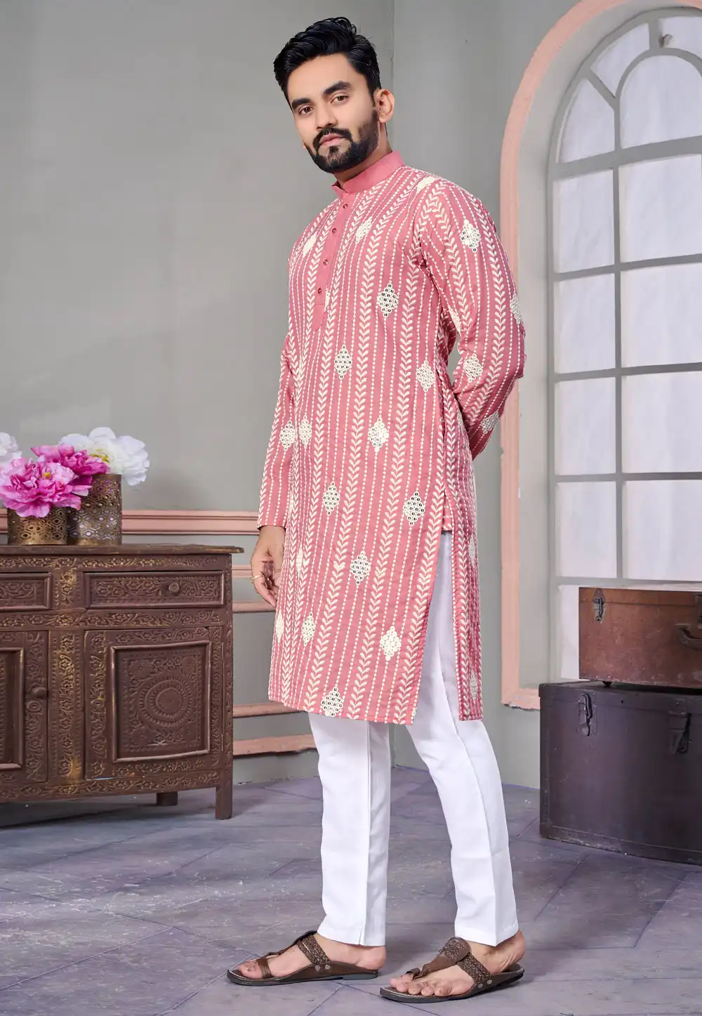 Pink Linen Kurta Pajama 293832