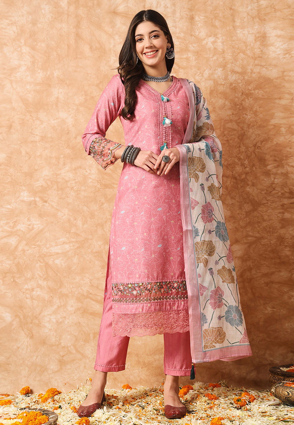 Pink Linen Readymade Pant Style Suit 278871