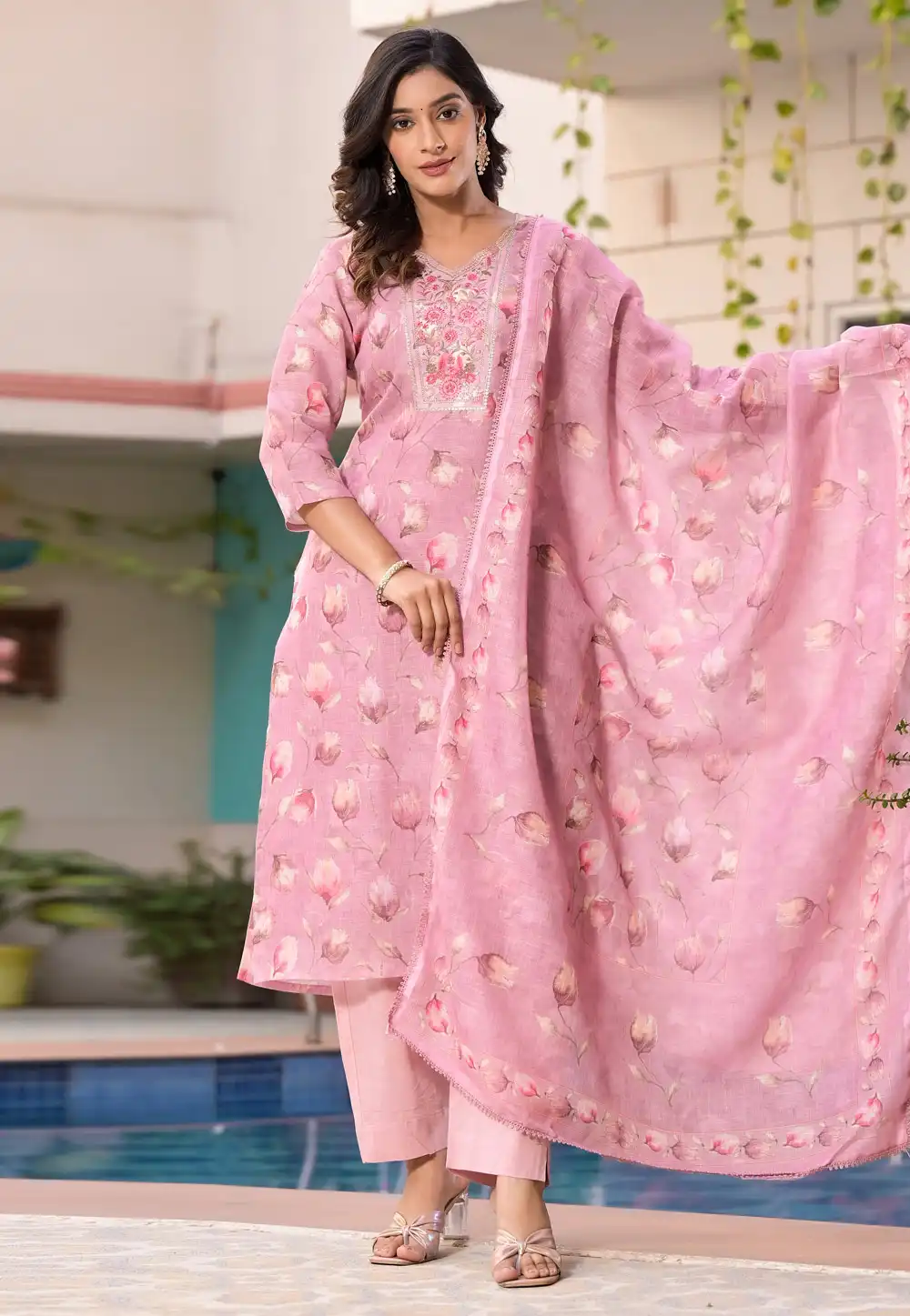 Pink Linen Readymade Pant Style Suit 290287