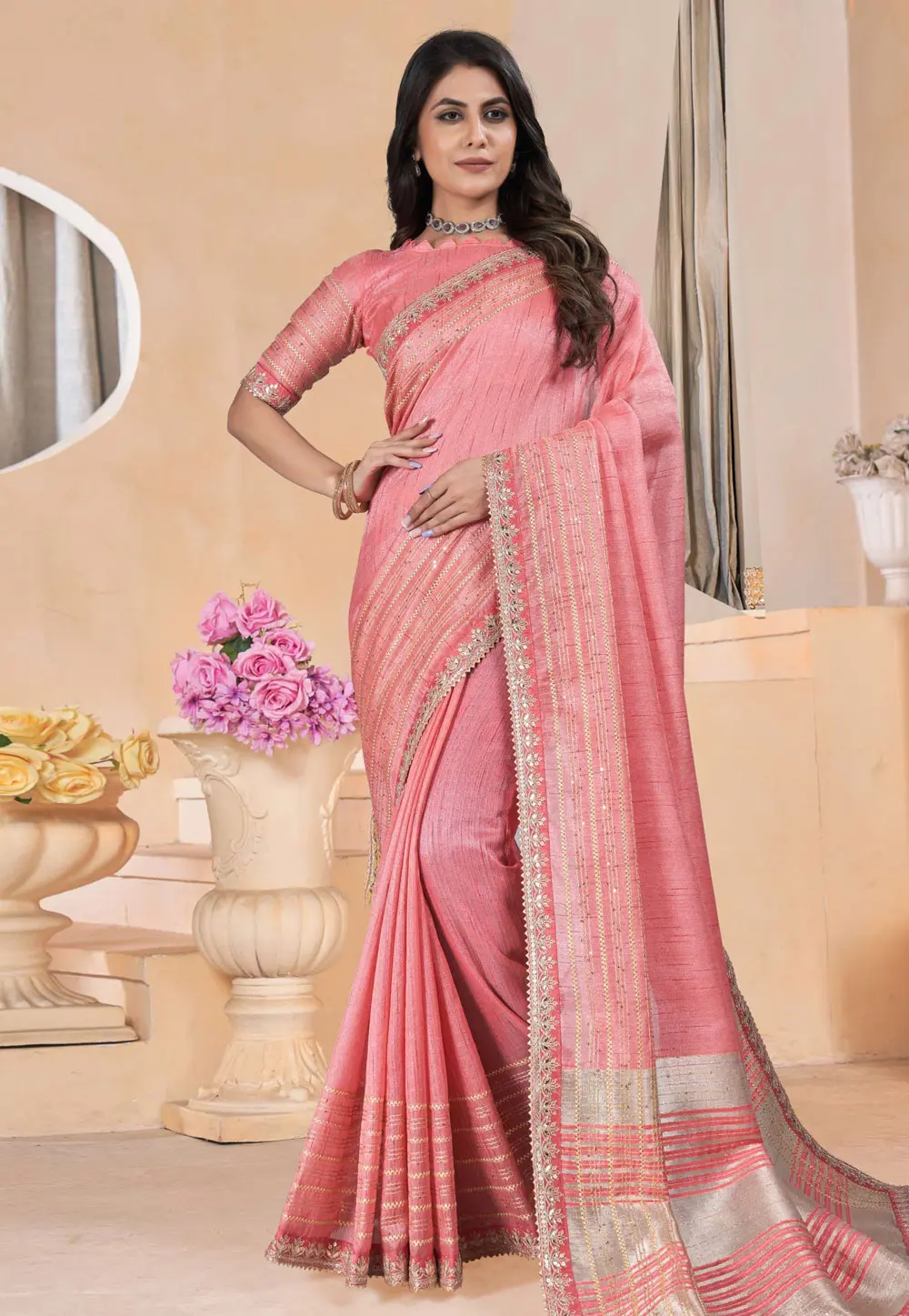 Pink Linen Saree With Blouse 301706