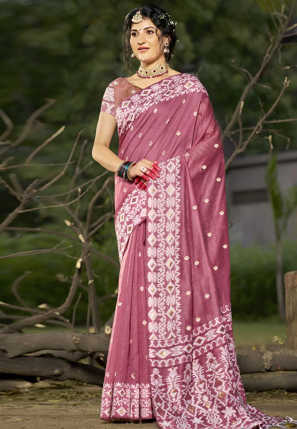 Pink Linen Saree With Blouse 303099