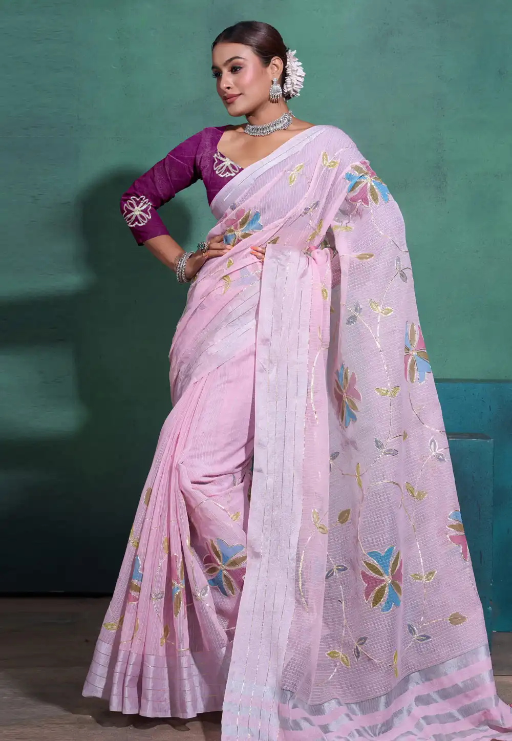 Pink Linen Saree With Blouse 289299