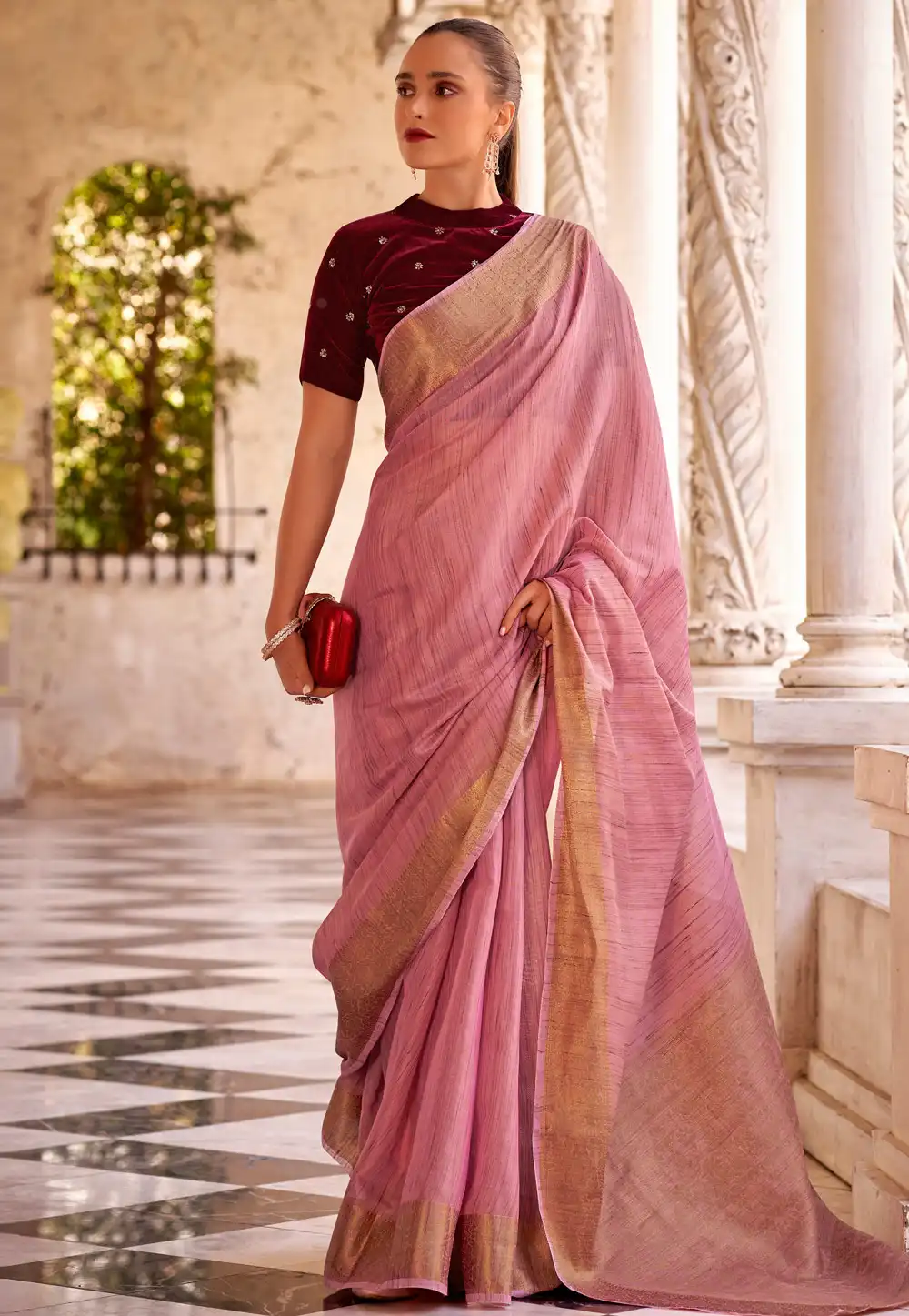 Pink Linen Saree With Blouse 291584