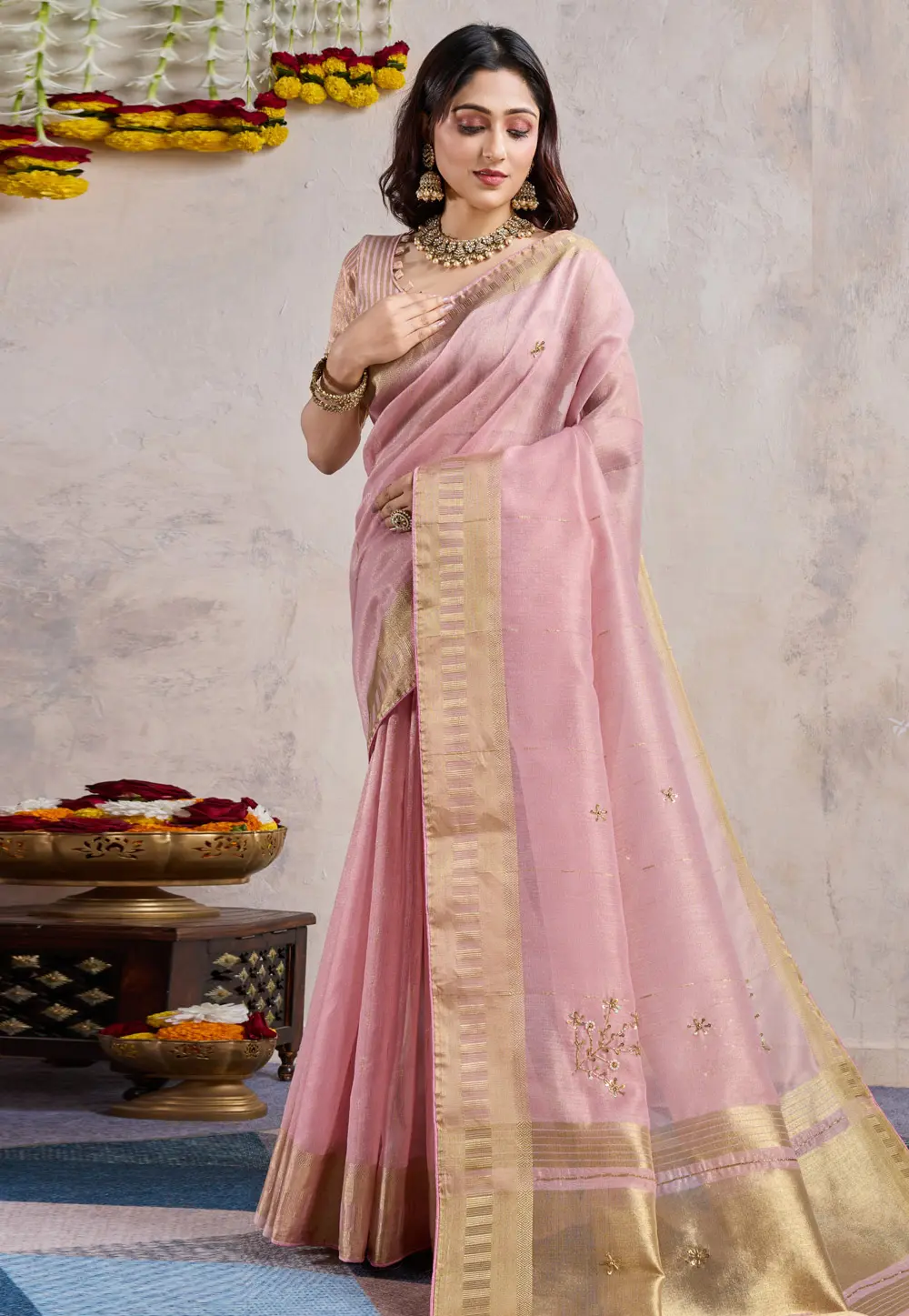 Pink Linen Saree With Blouse 303569