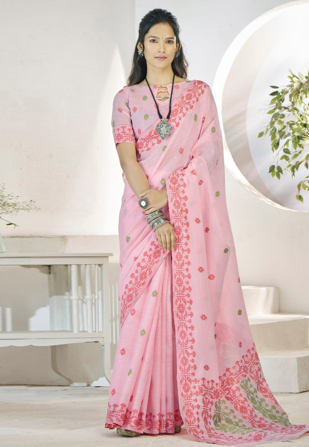 Pink Linen Saree With Blouse 305798