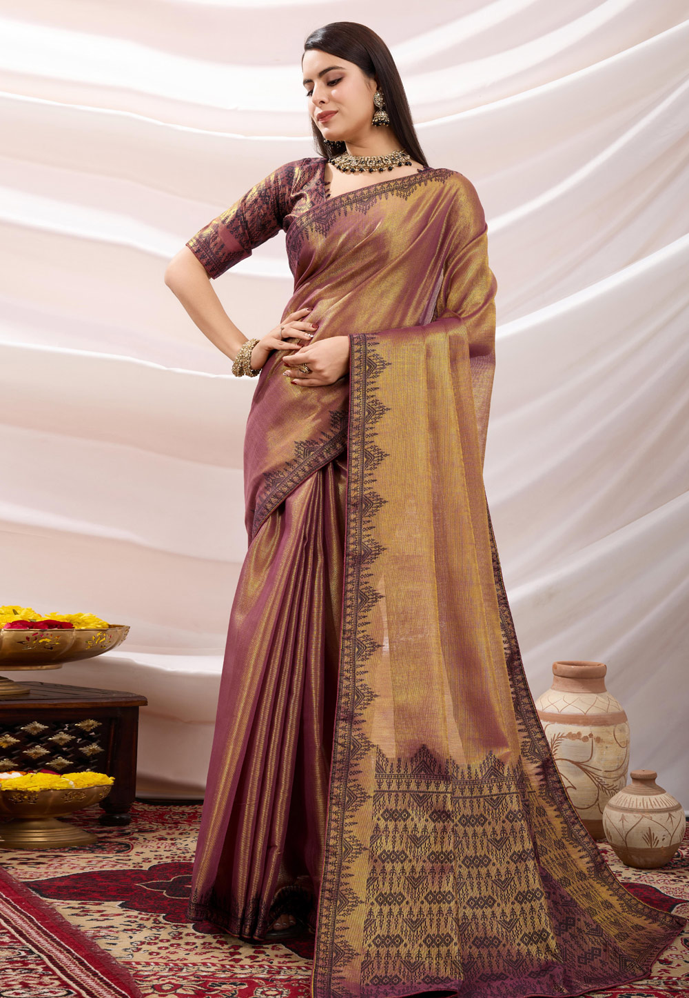 Pink Linen Saree With Blouse 305626