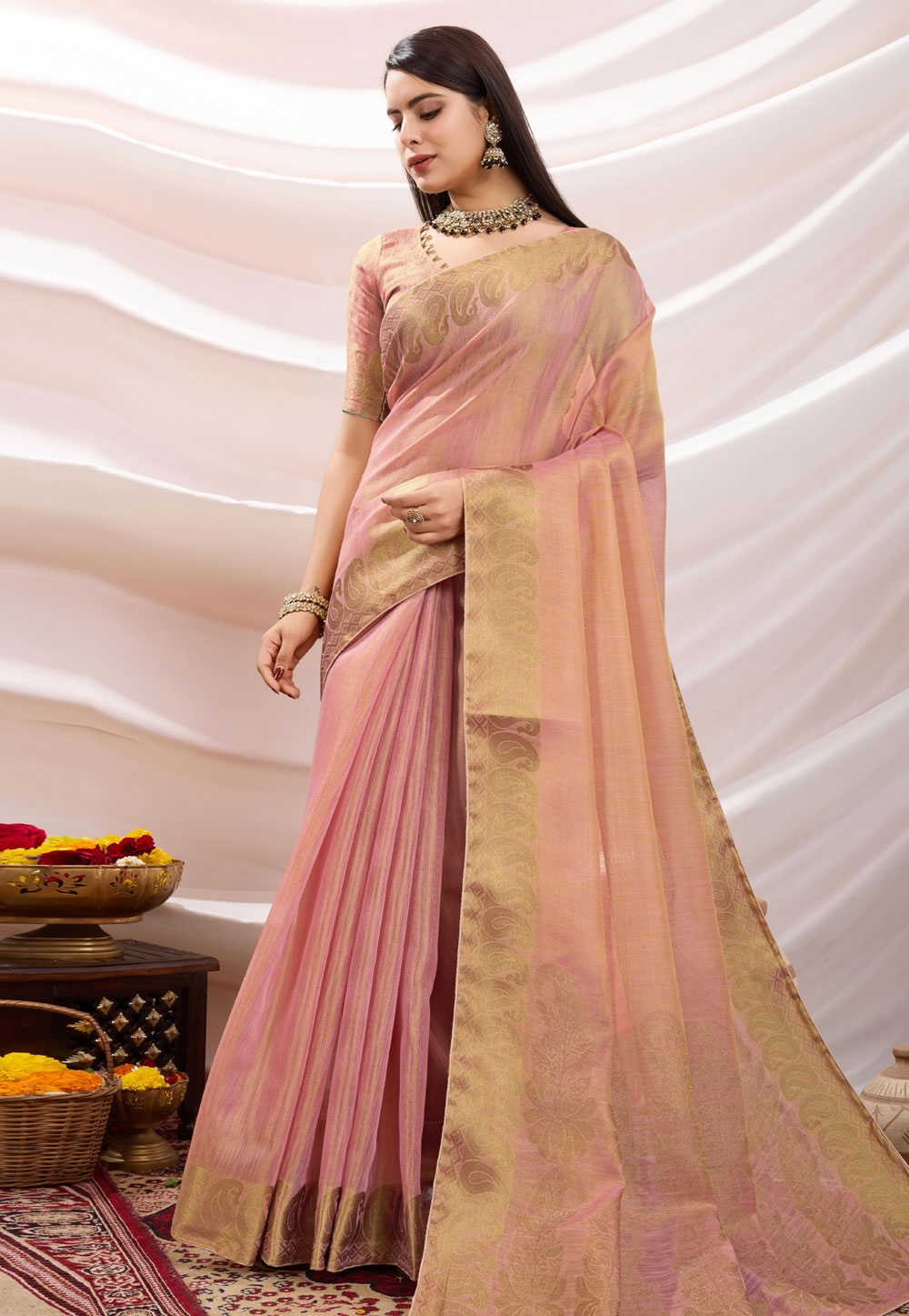 Pink Linen Saree With Blouse 305630