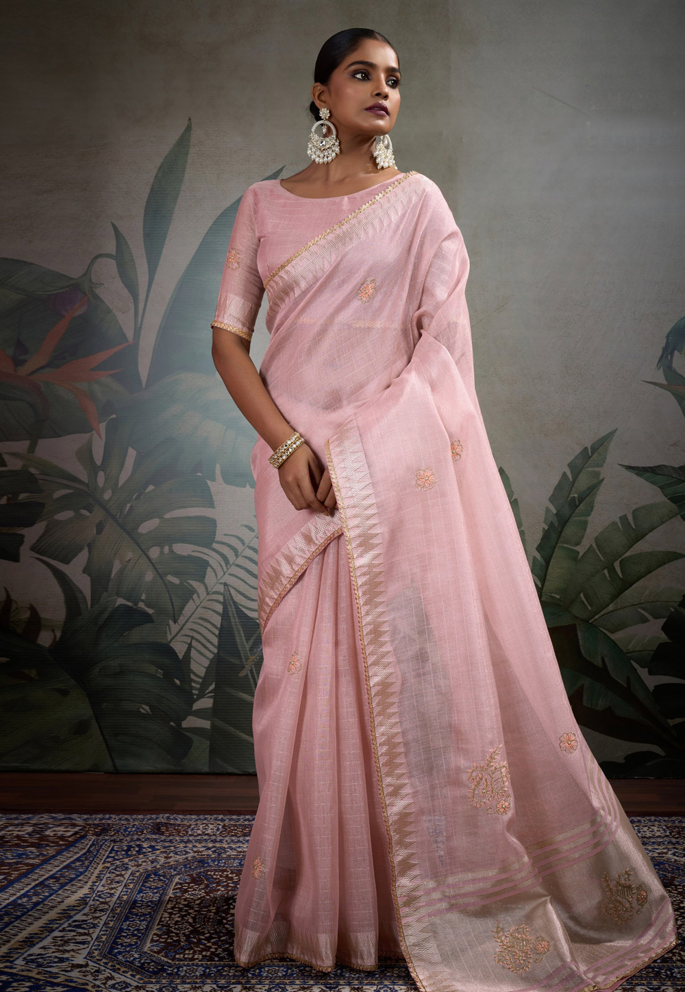 Pink Linen Saree With Blouse 309382