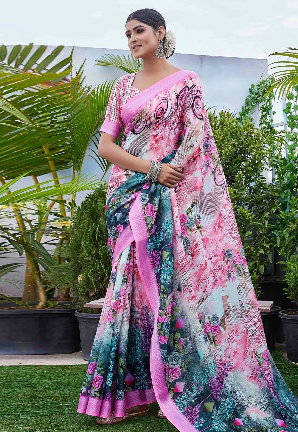 Pink Linen Saree With Blouse 296062