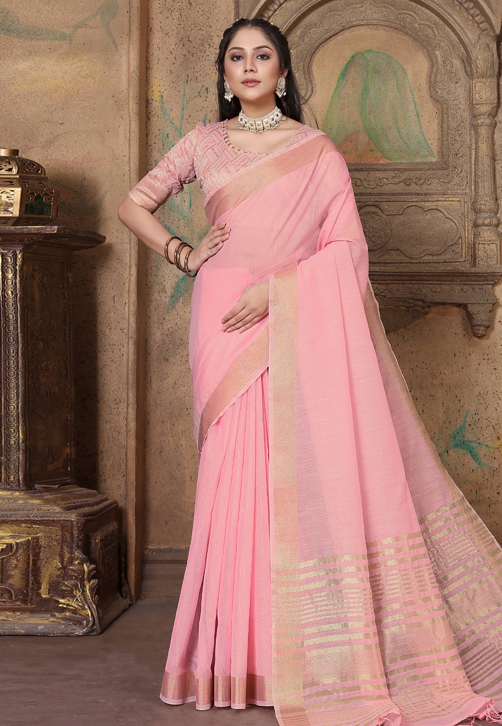Pink Linen Saree With Blouse 279757