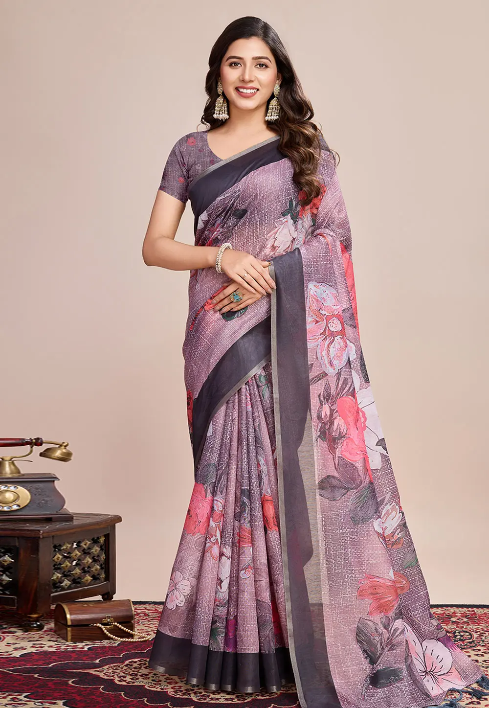 Pink Linen Saree With Blouse 300104