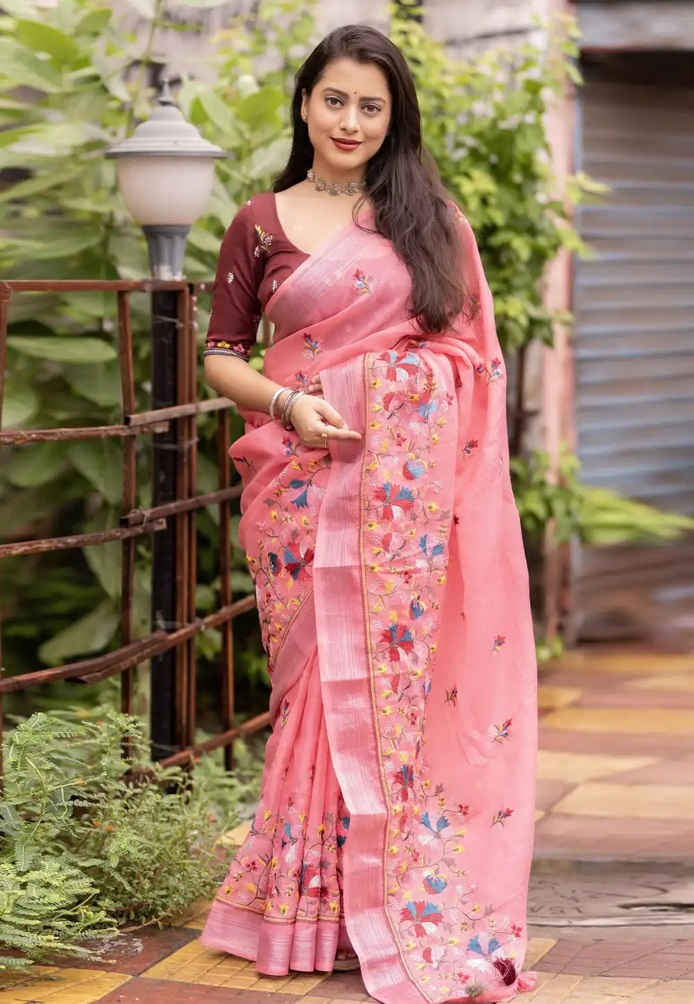 Pink Linen Saree With Blouse 289750