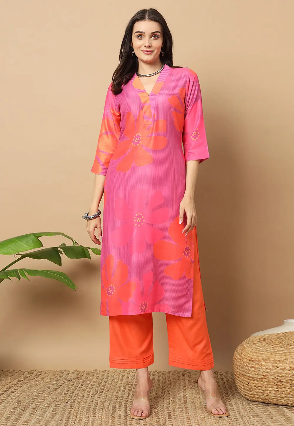 Pink Muslin Kurta Set With Palazzo 301186