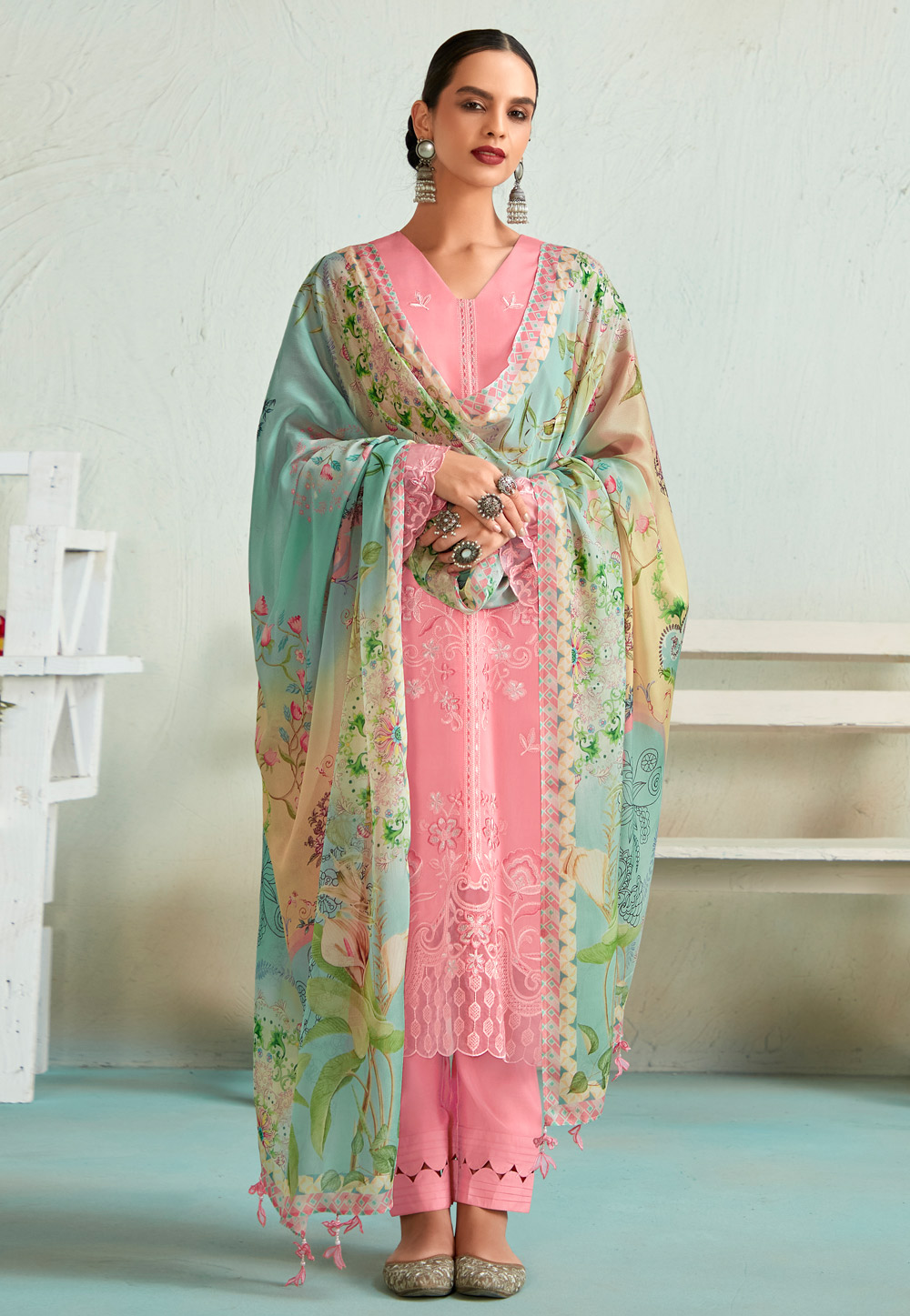 Pink Muslin Pant Style Suit 286150