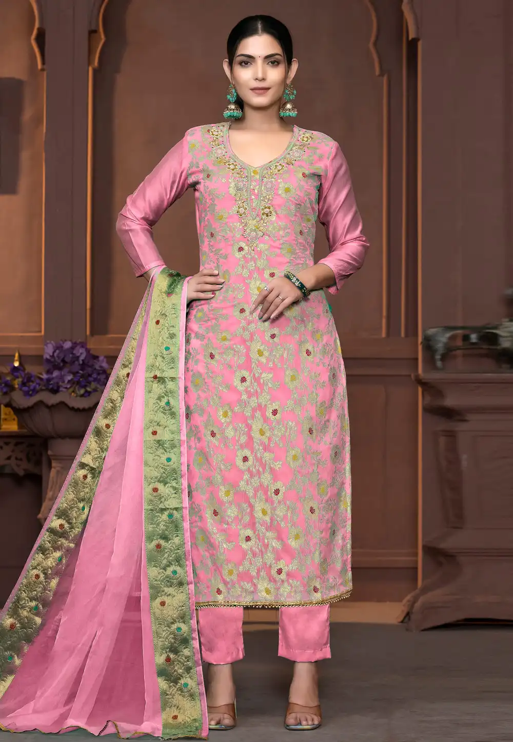 Pink Muslin Pant Style Suit 294178