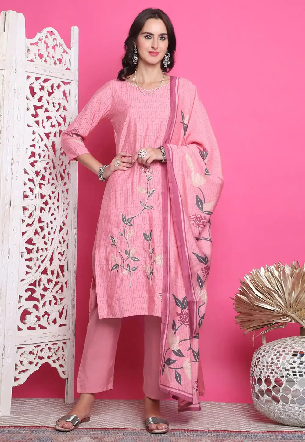 Pink Muslin Pant Style Suit 293871