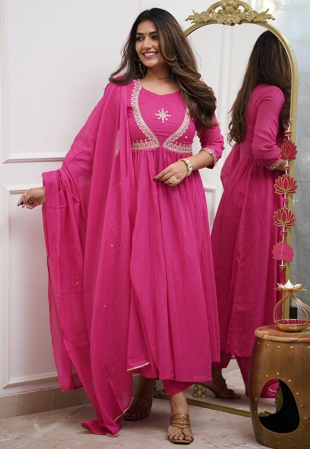 Pink Muslin Readymade Anarkali Suit 309530