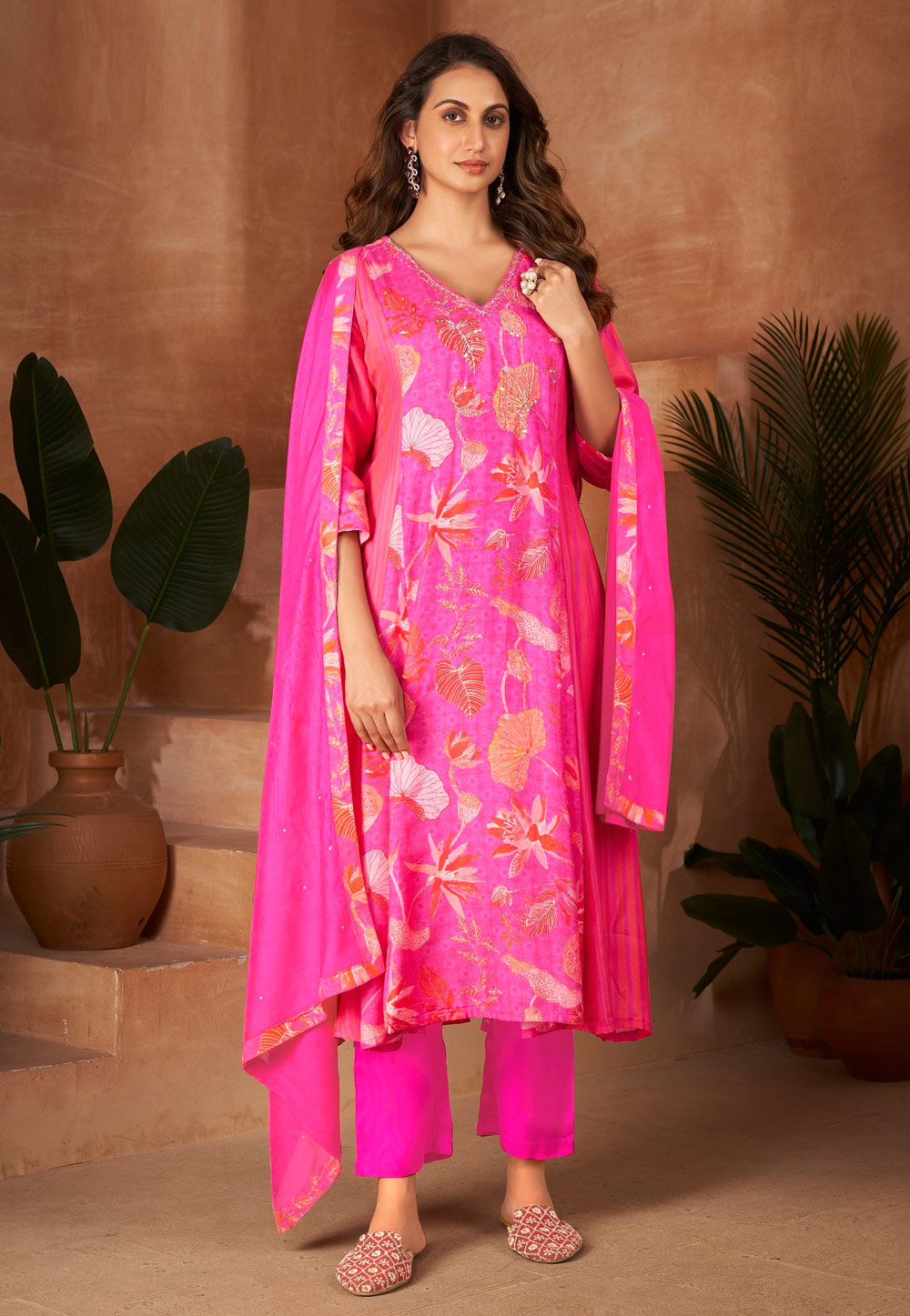Pink Muslin Readymade Pant Style Suit 283588