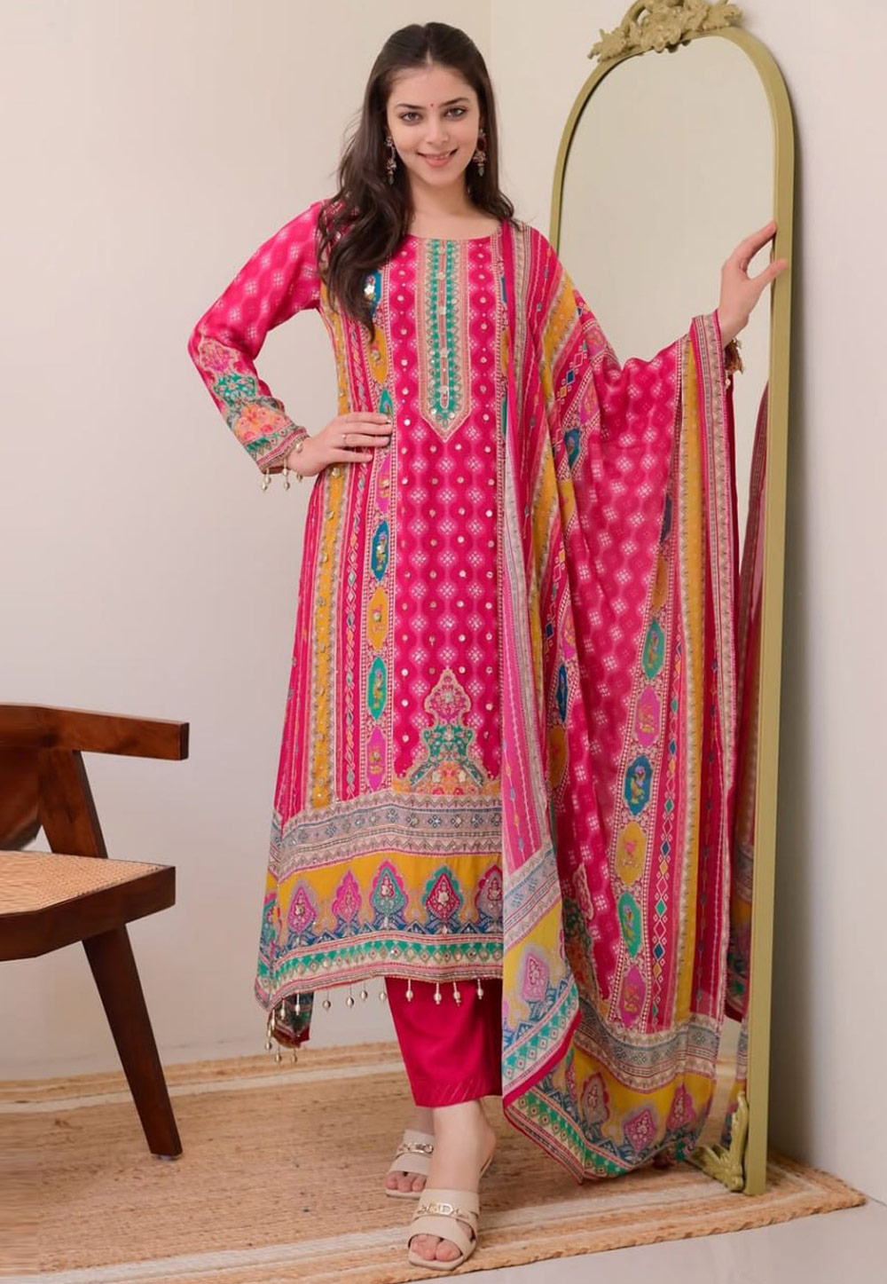 Pink Muslin Readymade Pant Style Suit 310376
