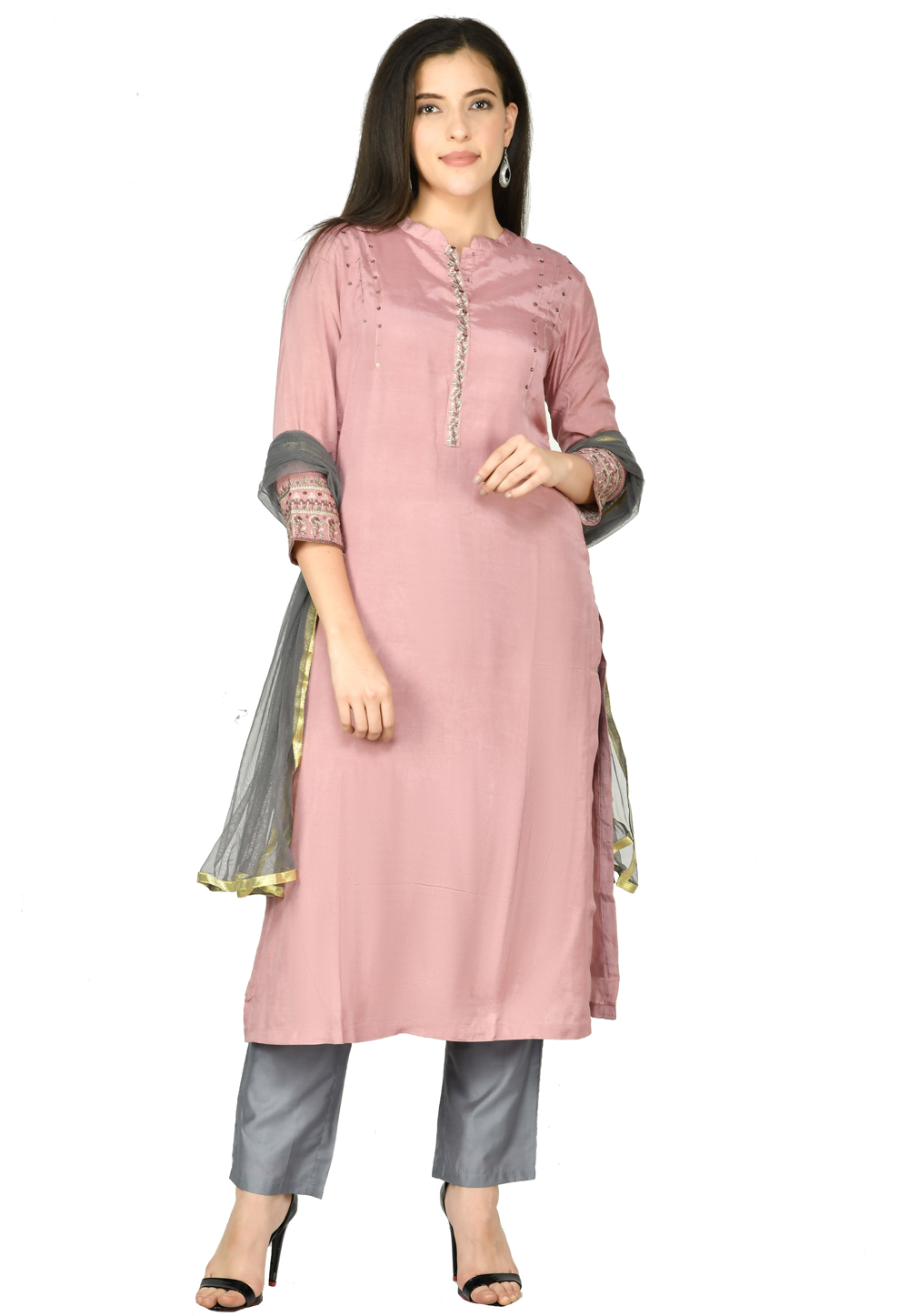 Pink Muslin Readymade Pant Style Suit 305458