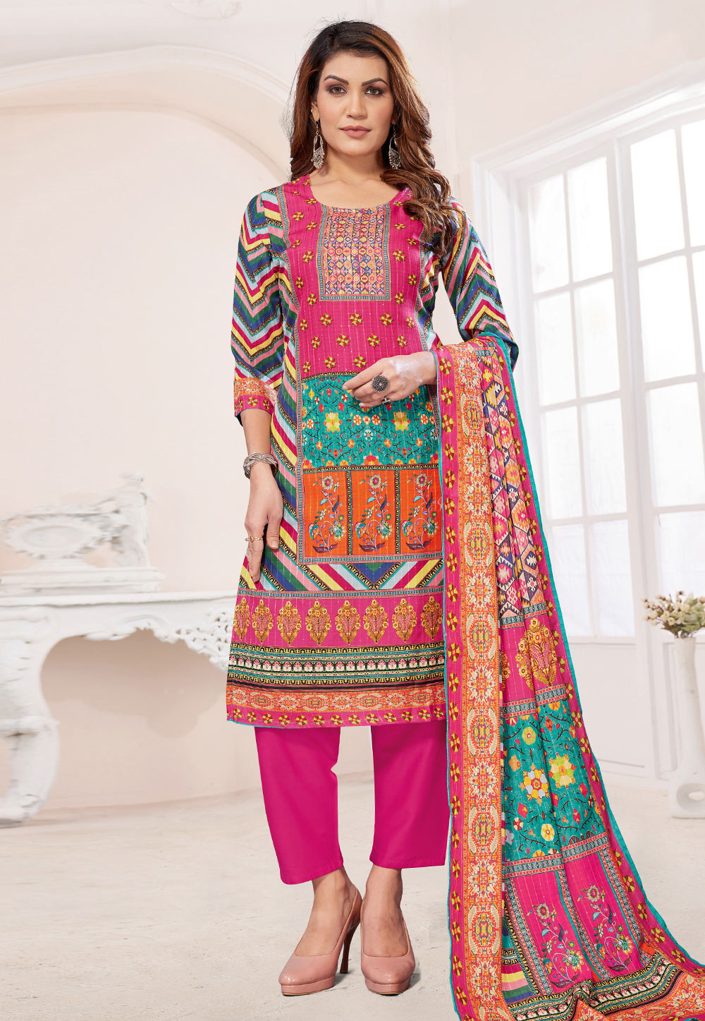 Pink Muslin Readymade Pant Style Suit 281283