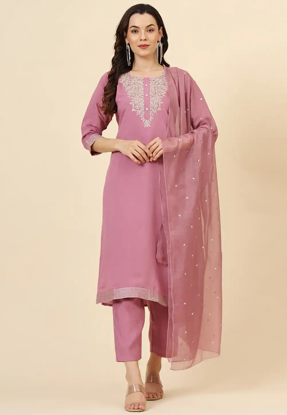 Pink Muslin Readymade Pant Style Suit 294258