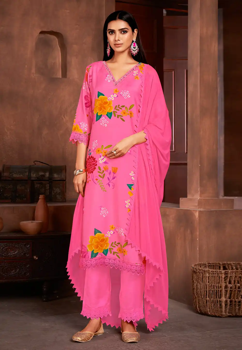 Pink Muslin Readymade Pant Style Suit 288138