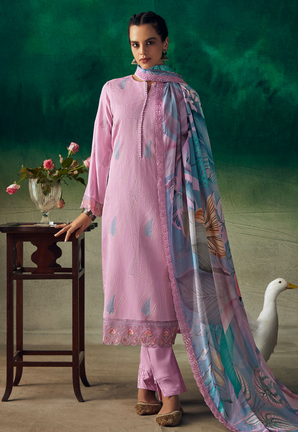 Pink Muslin Straight Suit 285433