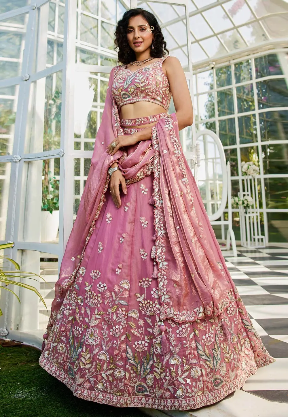 Pink Net A Line Lehenga Choli 304186