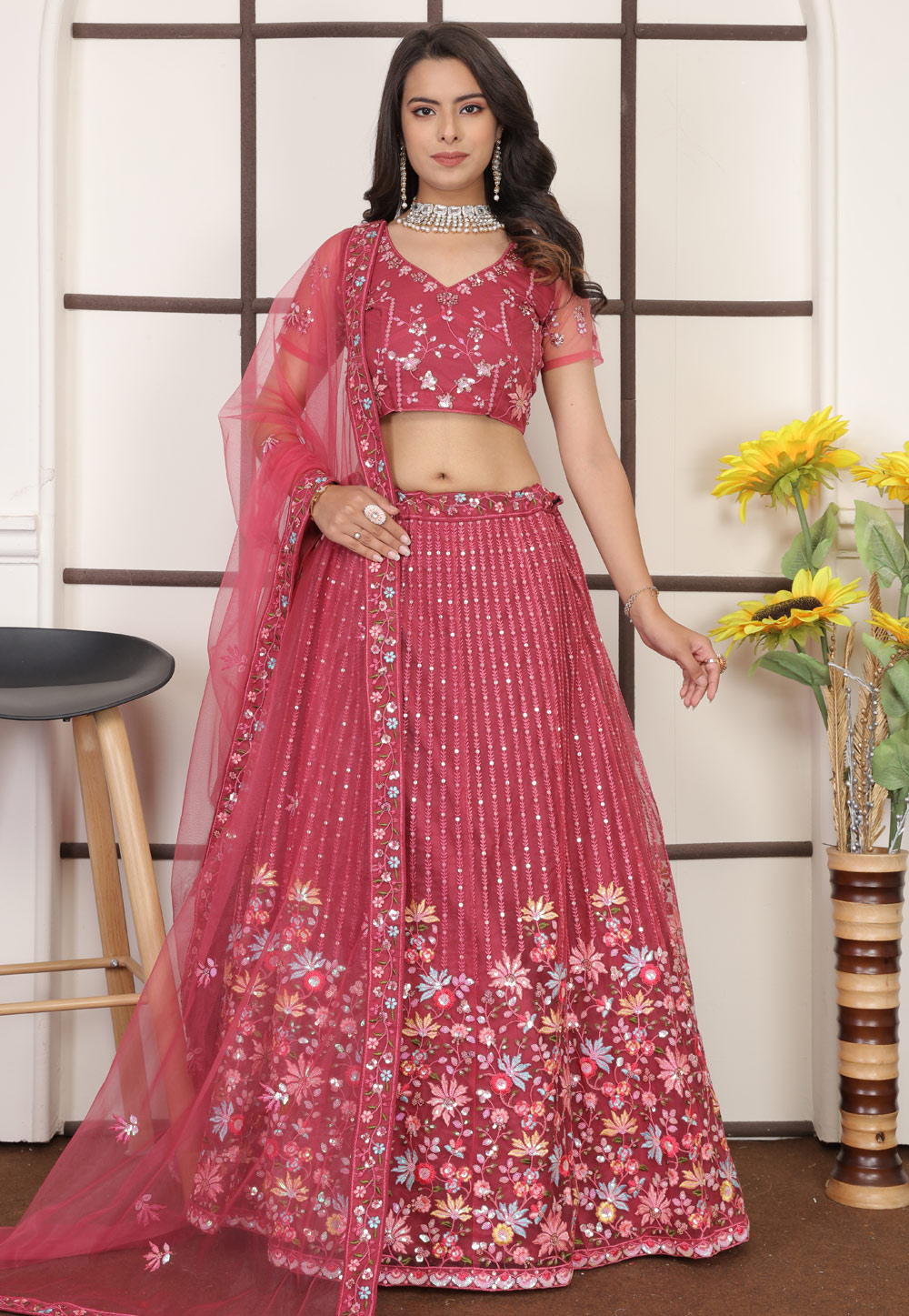 Pink Net A Line Lehenga Choli 286845