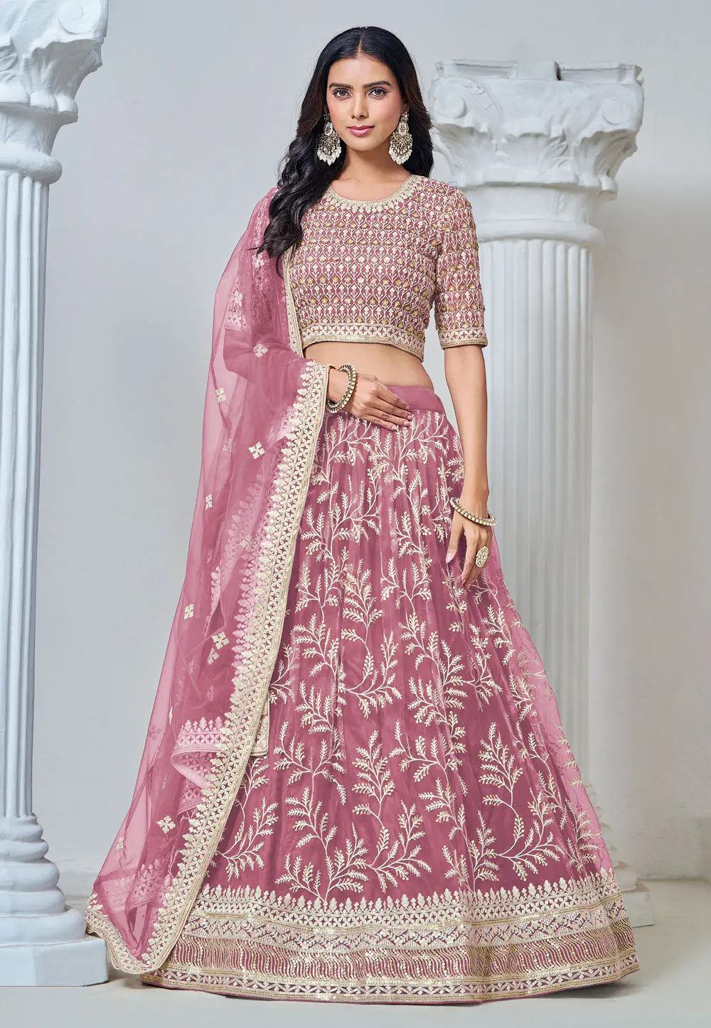 Pink Net A Line Lehenga Choli 299770