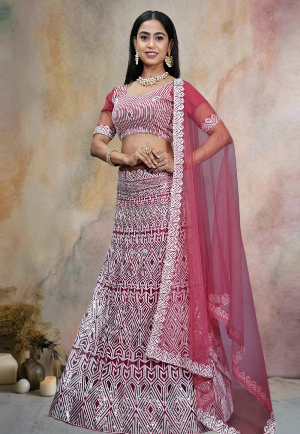 Pink Net A Line Lehenga Choli 287586