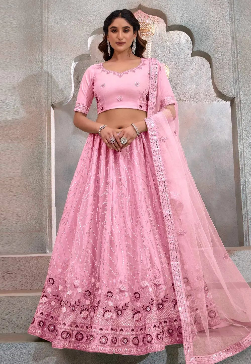 Pink Net Circular Lehenga Choli 302364