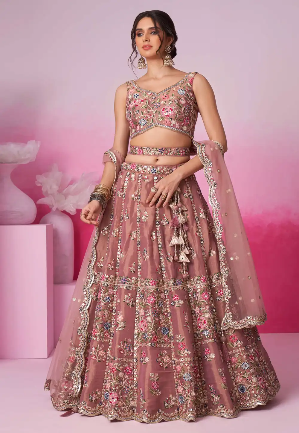 Pink Net Circular Lehenga Choli 293198