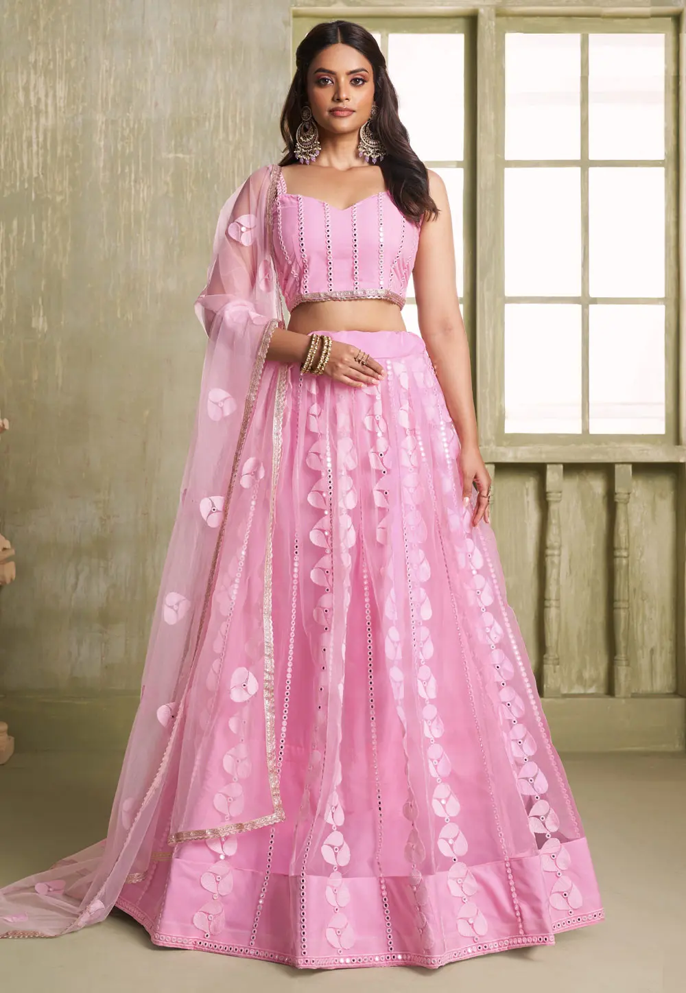 Pink Net Circular Lehenga Choli 303251