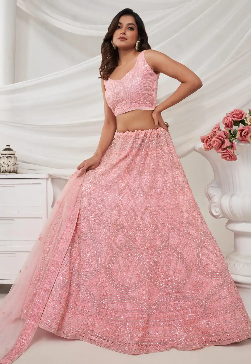 Pink Net Circular Lehenga Choli 288594