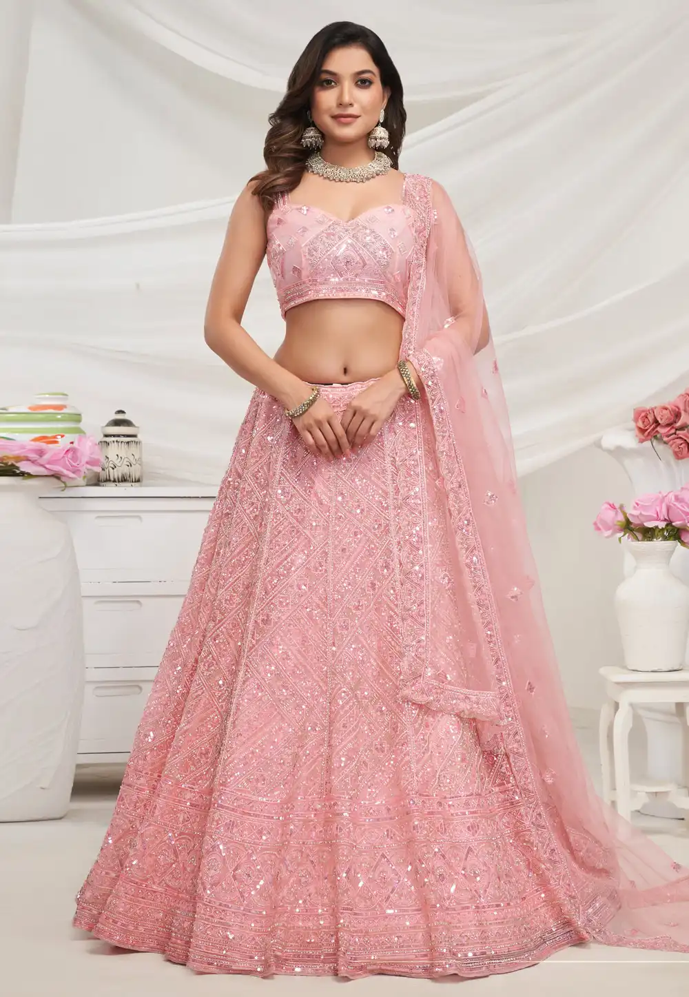 Pink Net Circular Lehenga Choli 288600