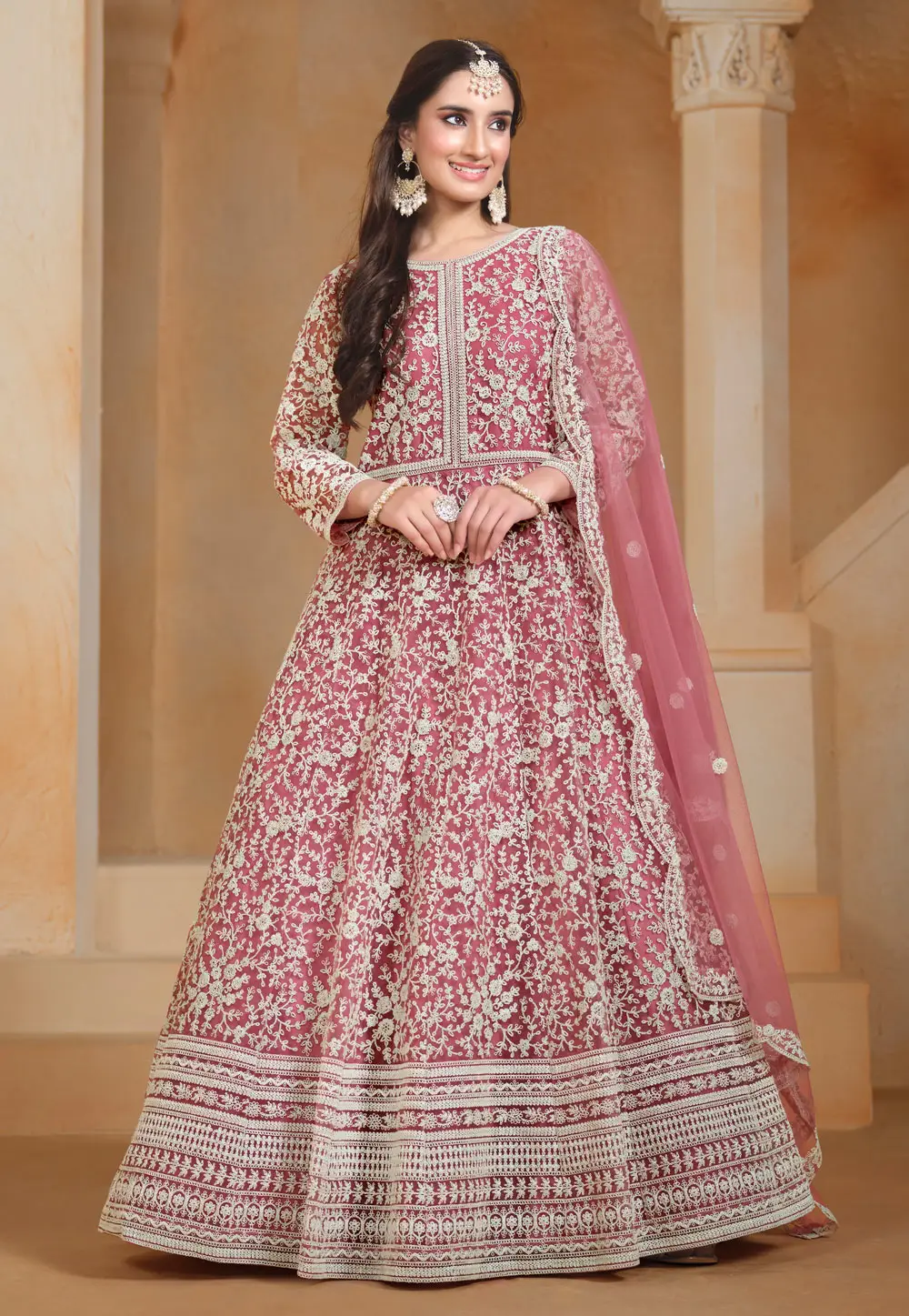 Pink Net Embroidered Anarkali Suit 296590