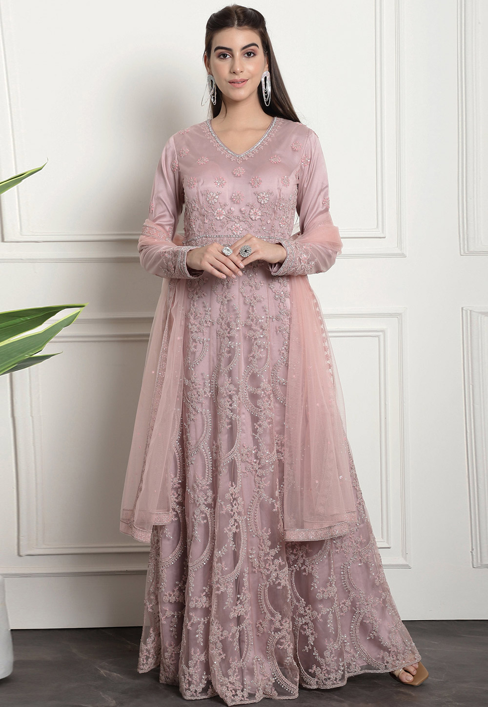 Pink Net Embroidered Anarkali Suit 310726