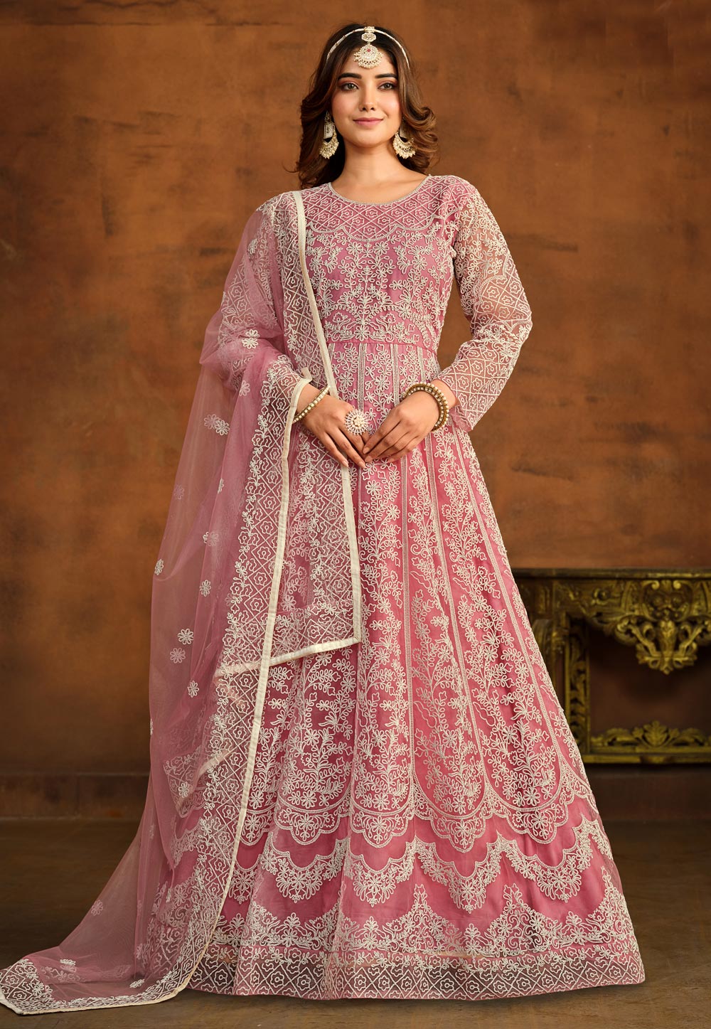 Pink Net Embroidered Anarkali Suit 280048