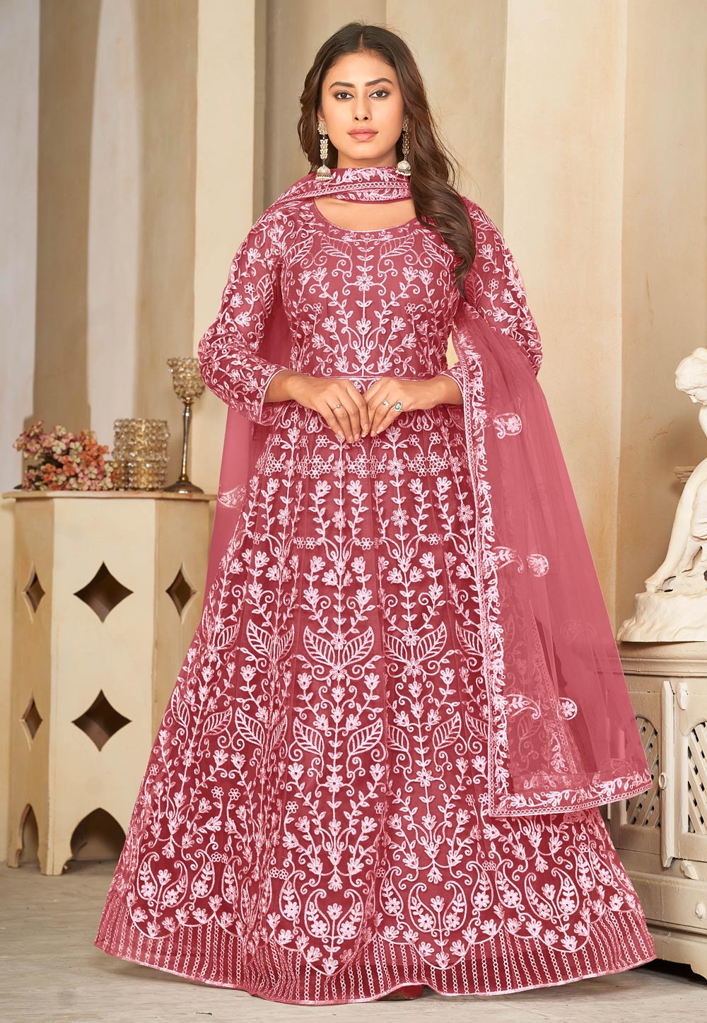 Pink Net Embroidered Floor Length Anarkali Suit 287084