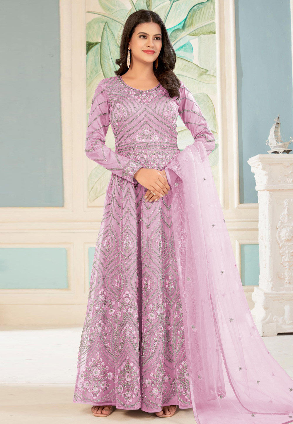 Pink Net Embroidered Long Anarkali Suit 280021