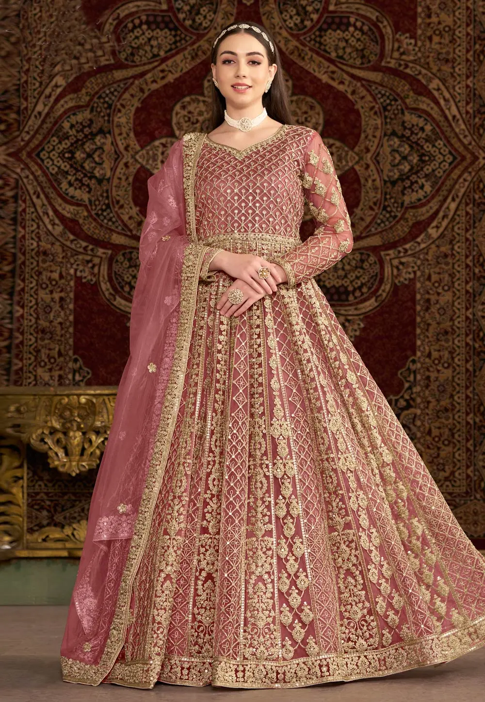 Pink Net Embroidered Long Anarkali Suit 297962