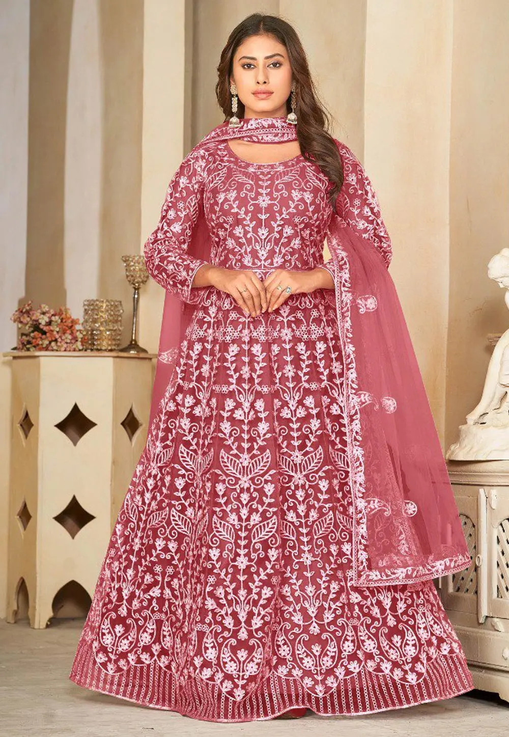 Pink Net Embroidered Long Anarkali Suit 300900