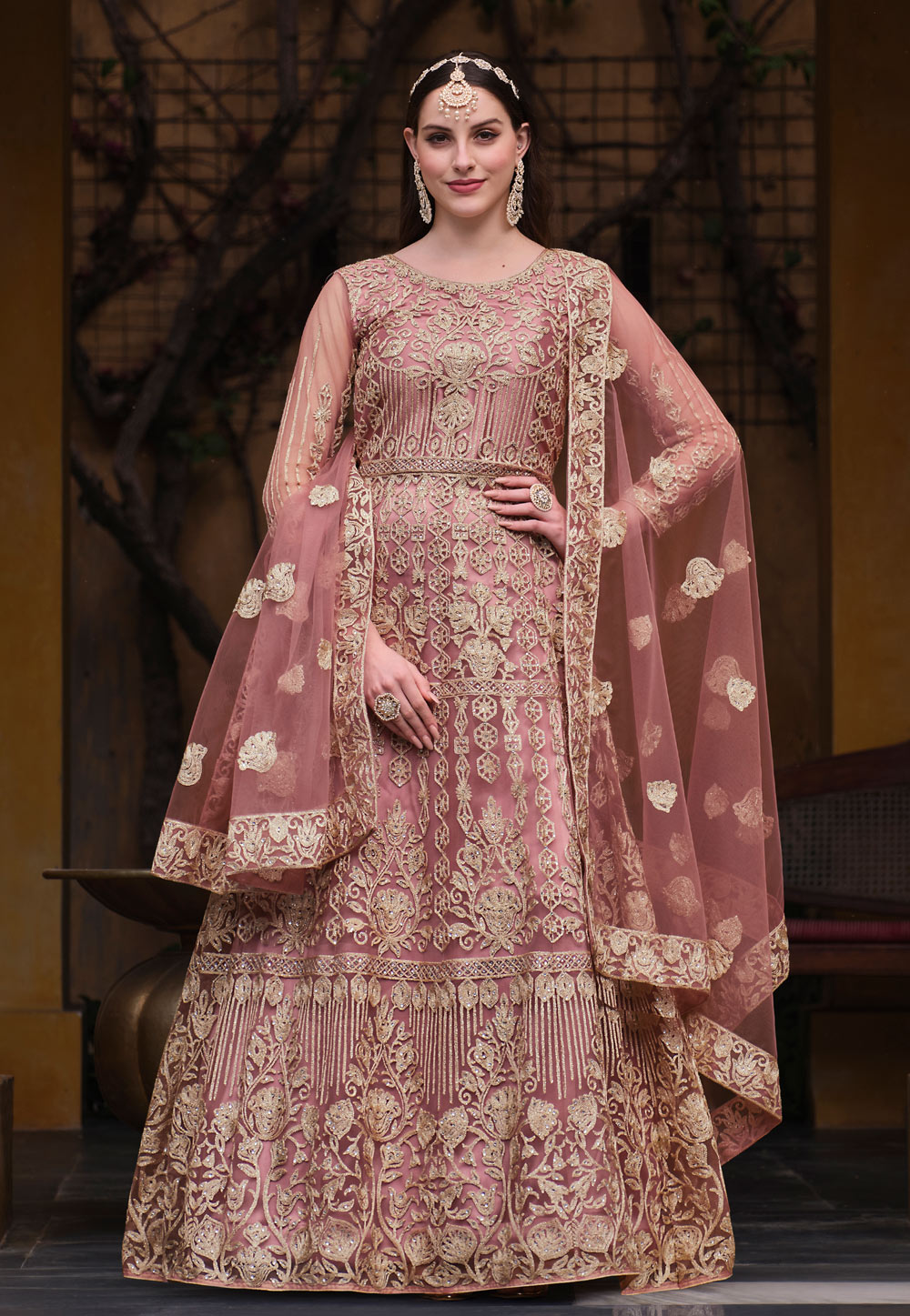 Pink Net Embroidered Long Anarkali Suit 285999