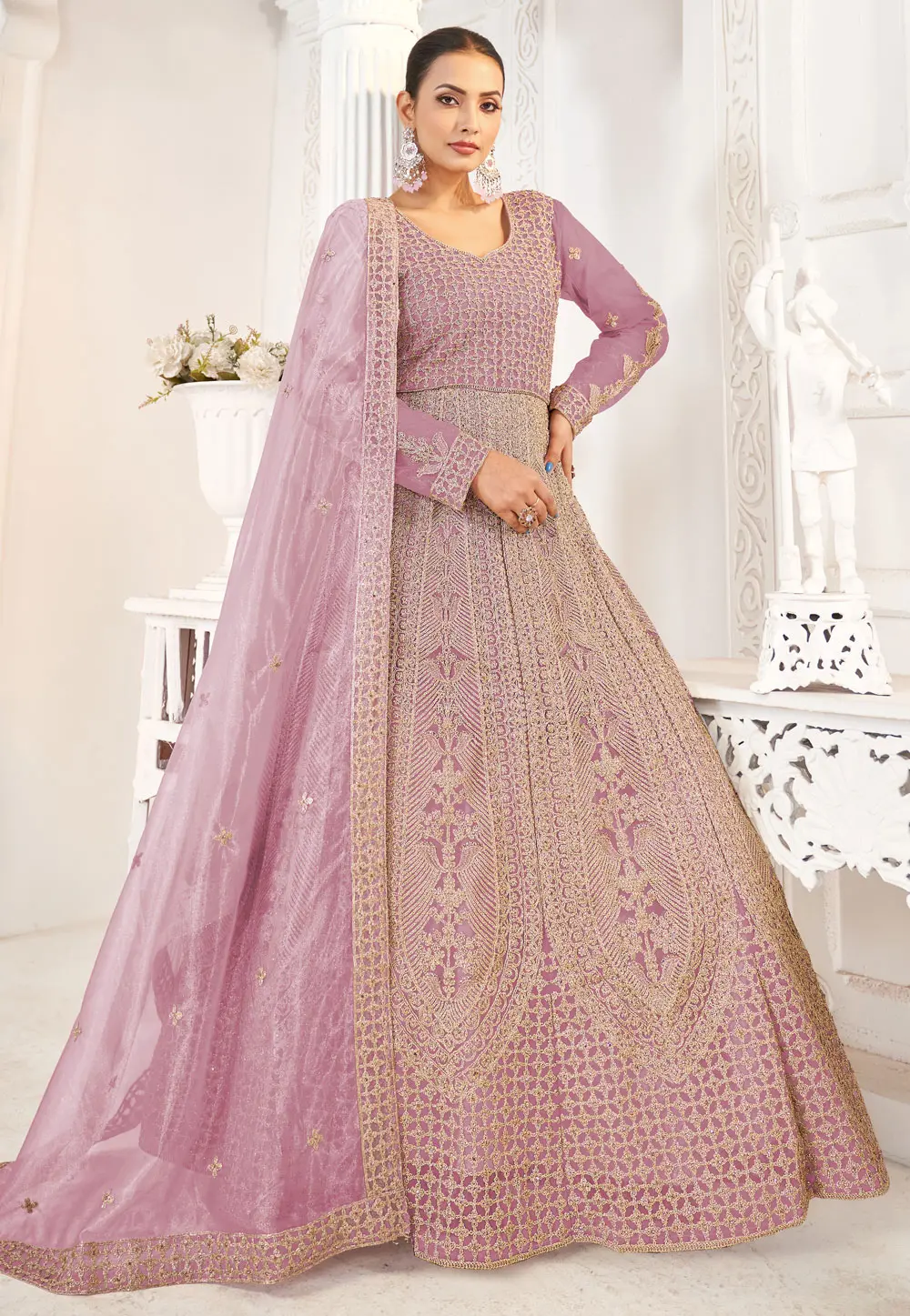 Pink Net Embroidered Long Anarkali Suit 304592